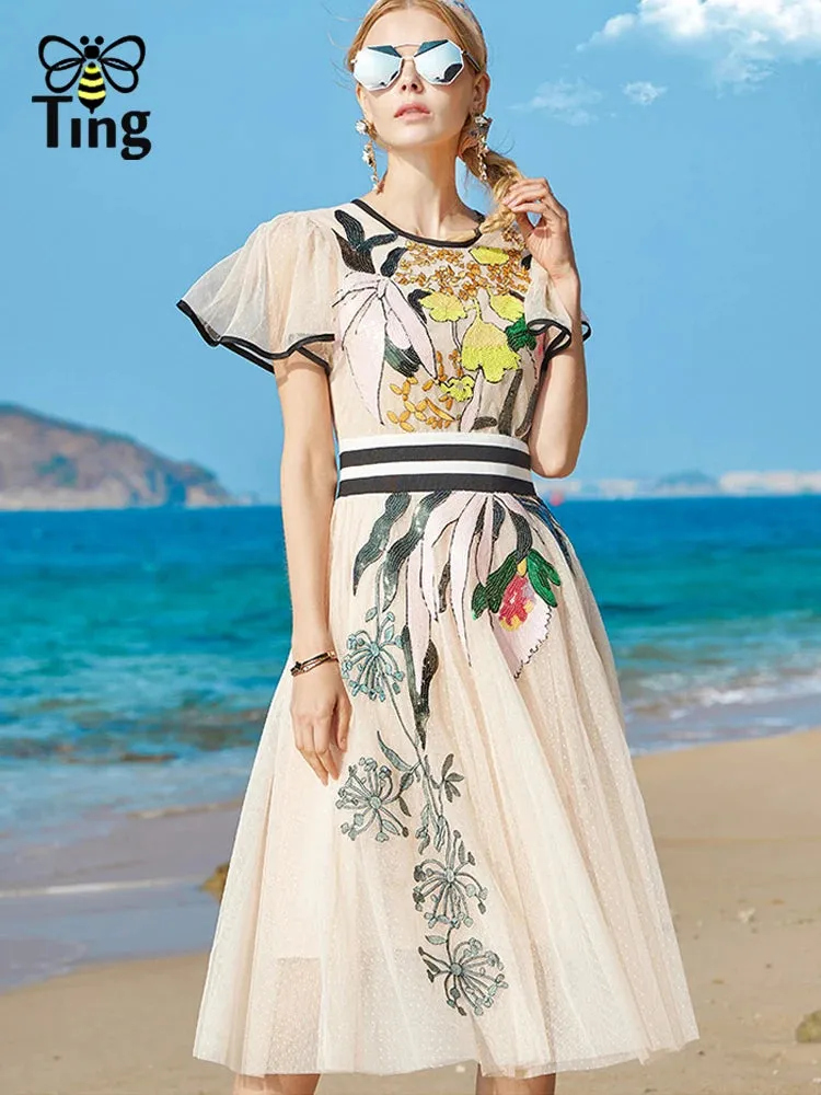 Embroidered Flower Chiffon Dress