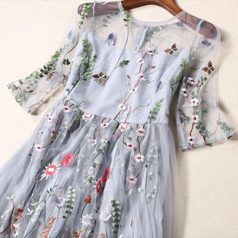 Embroidery Ankle Floral Knee length Lining Dress US 10-12