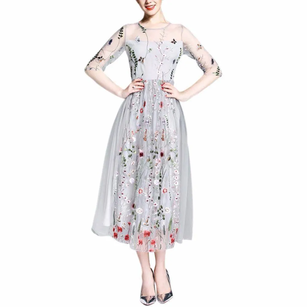 Embroidery Ankle Floral Knee length Lining Dress US 10-12