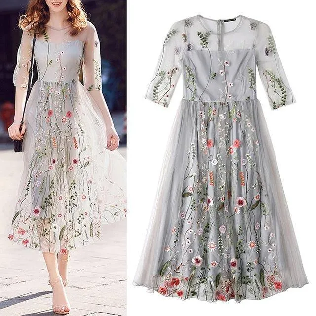 Embroidery Ankle Floral Knee length Lining Dress US 10-12