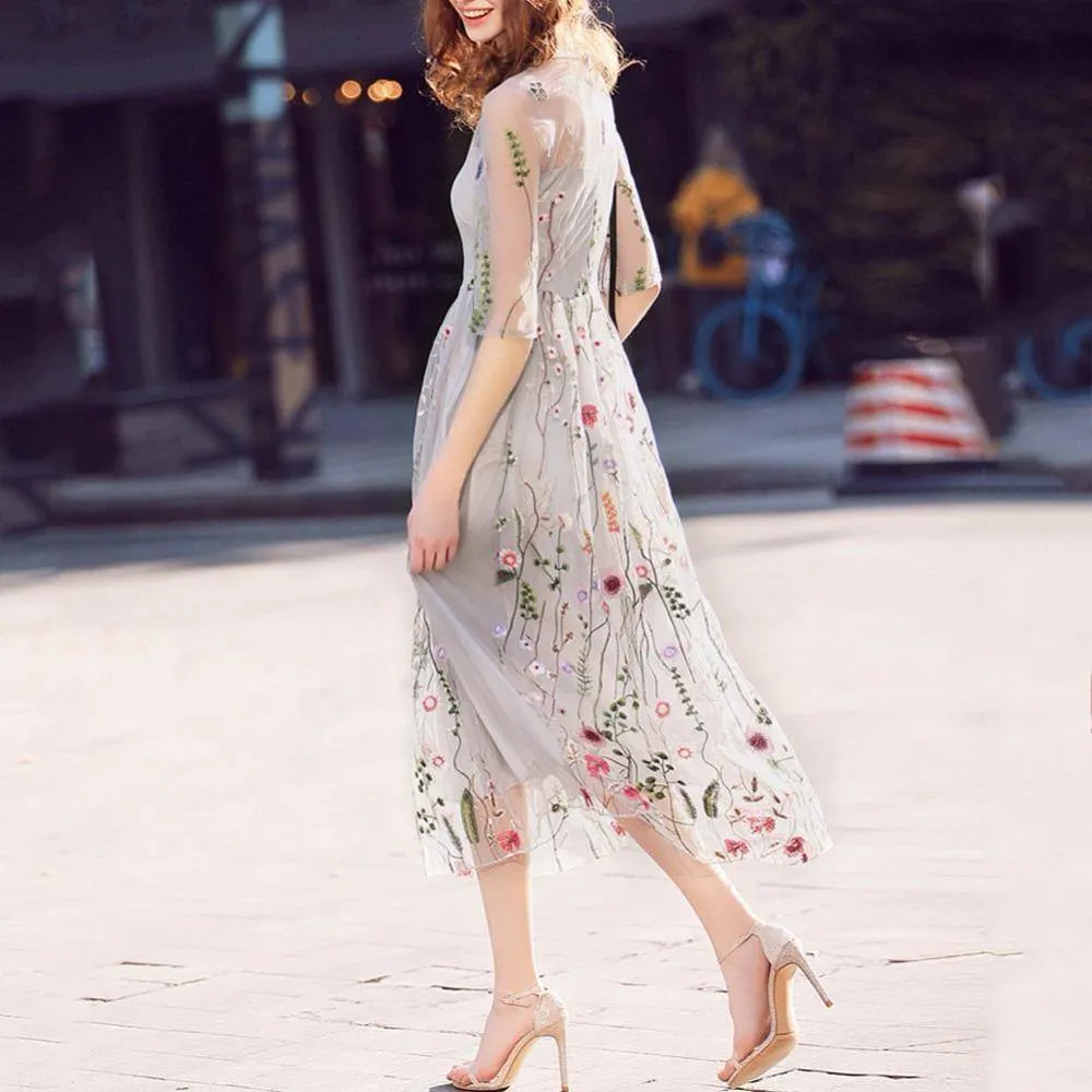 Embroidery Ankle Floral Knee length Lining Dress US 10-12