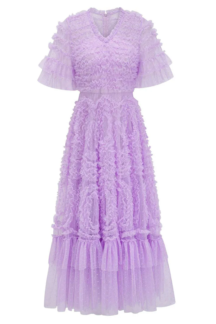 Fairy V Neck Flutter Sleeve Star Print Tulle Tiered Ruffle Maxi Gown Dress - Purple