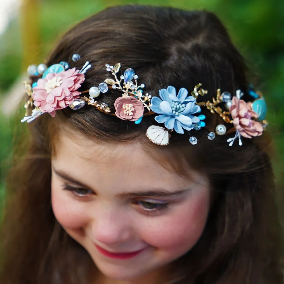 Floral Crystal & Pearl Vine Tiara - Pinky Turquoise