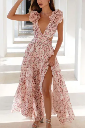 Floral V Neck Ruffled Cutout Backless Dress