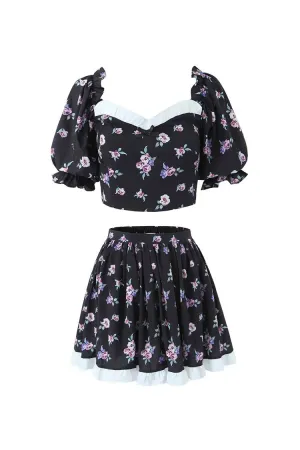 French Floral Ruffled Smock Crop Top High Waist Mini Two Piece Dress