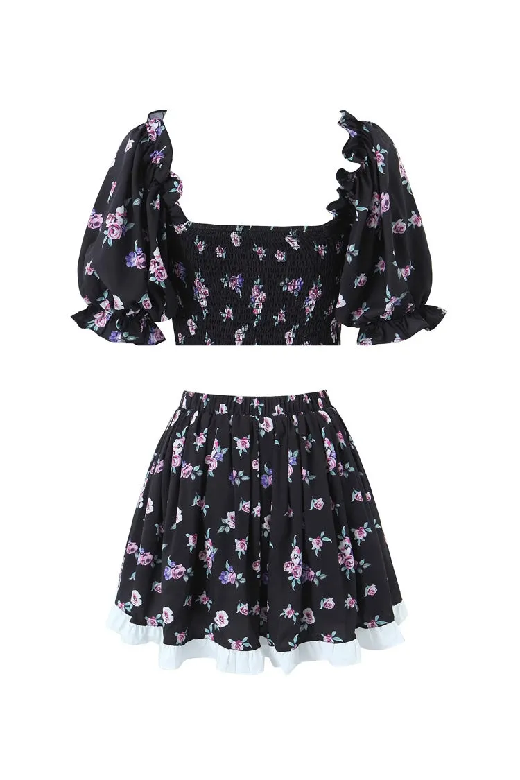 French Floral Ruffled Smock Crop Top High Waist Mini Two Piece Dress