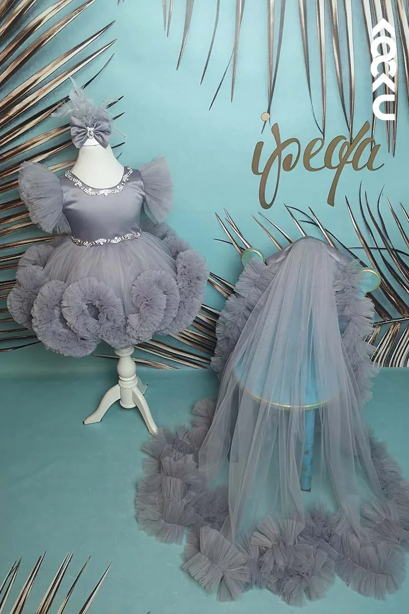 G3004 - Gray Round Neck Satin Tulle Baby Girl Gown With Detachable Train