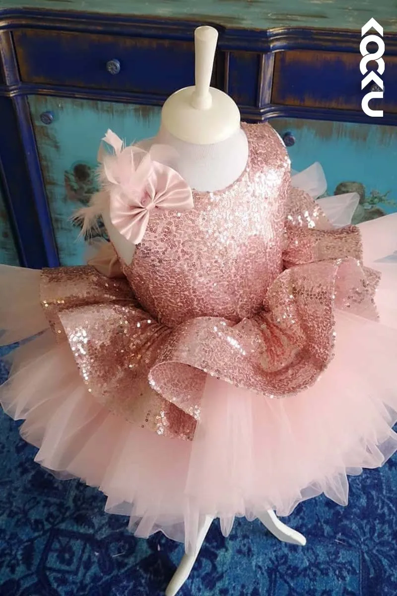 G3013 - Round Neck Sequined Tulle Baby Girl Gown With Ruffles