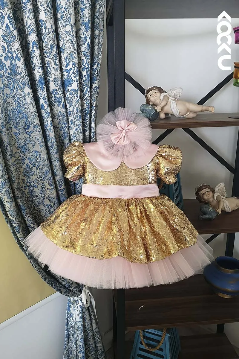 G3013 - Round Neck Sequined Tulle Baby Girl Gown With Ruffles