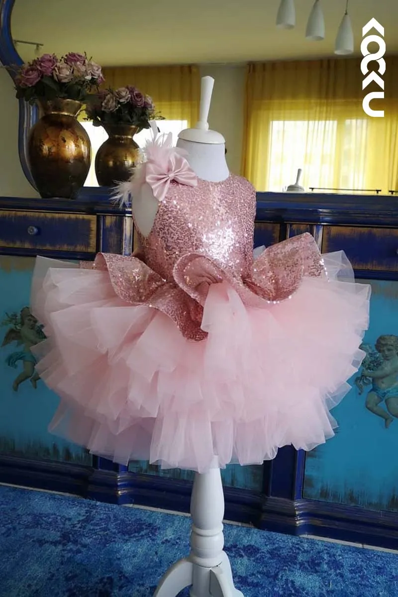 G3013 - Round Neck Sequined Tulle Baby Girl Gown With Ruffles