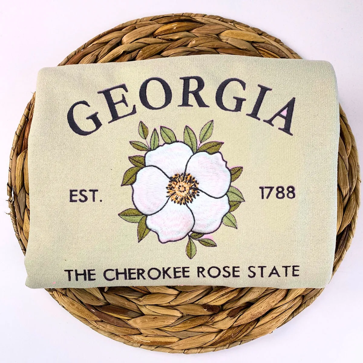 Georgia State Sweatshirt or Hoodie, Embroidered Gift - Est. 1788 Cherokee Rose Flower