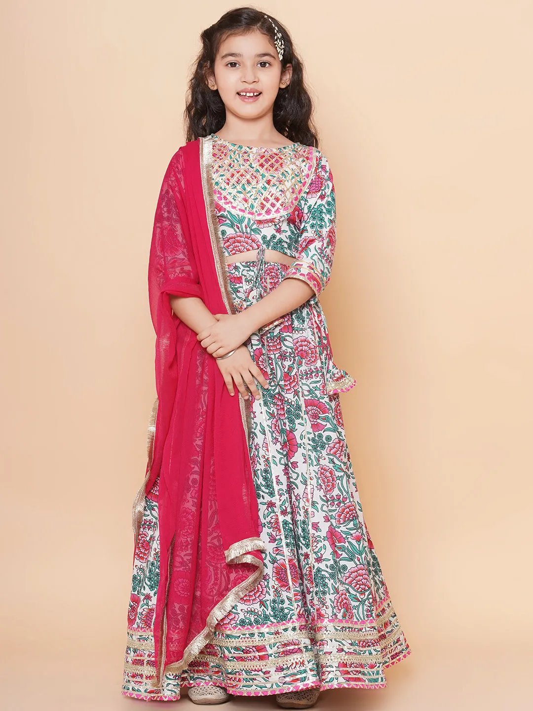 Girls Off White & Pink Flower Print Choli Ready to wear Lehenga With Dupatta