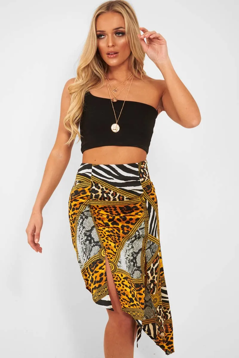 Gold Leopard Mix Print Split Front Midi Skirt - Valera