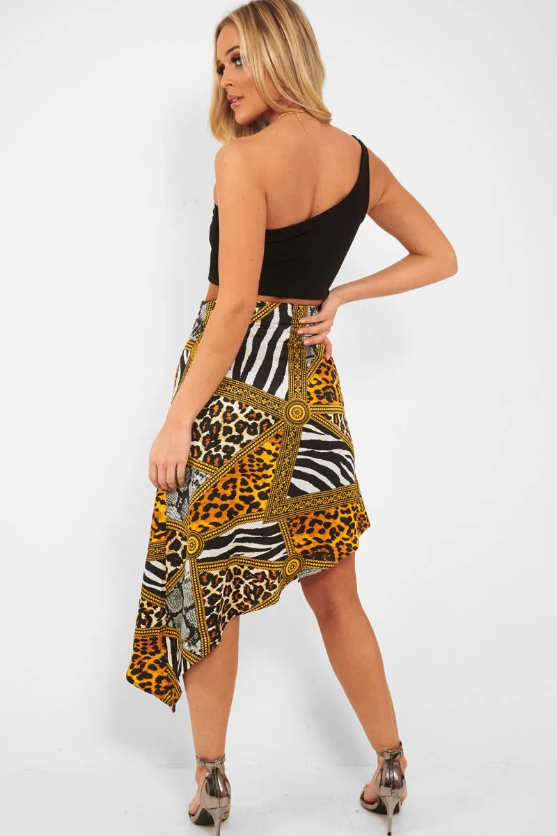 Gold Leopard Mix Print Split Front Midi Skirt - Valera