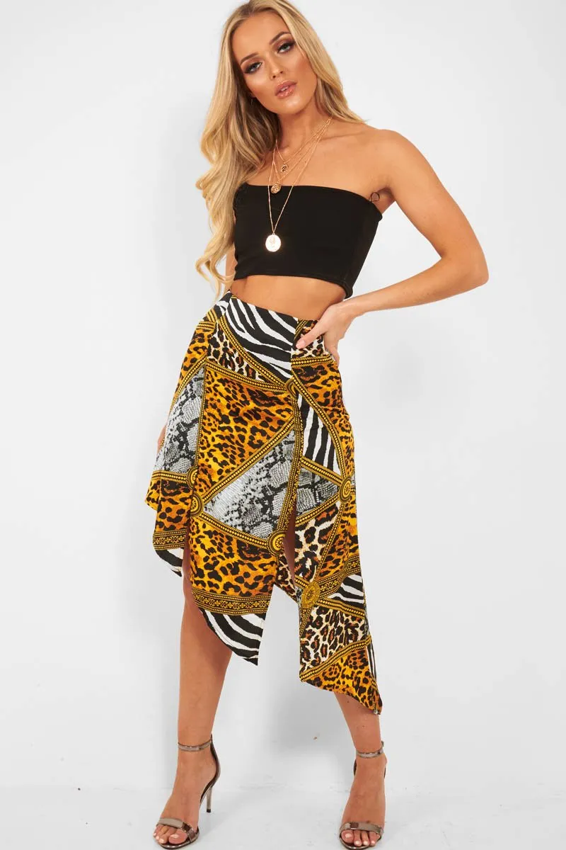 Gold Leopard Mix Print Split Front Midi Skirt - Valera