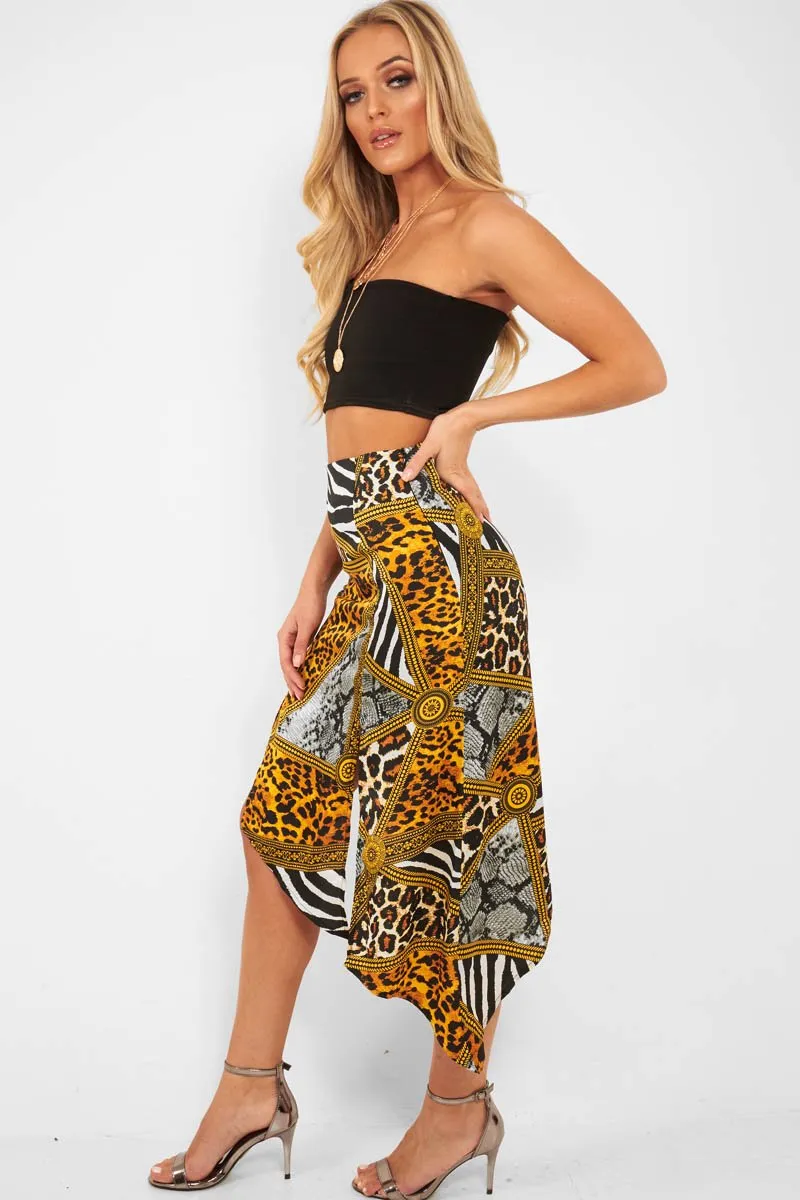 Gold Leopard Mix Print Split Front Midi Skirt - Valera