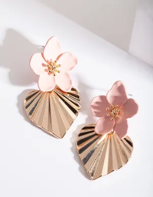 Gold Pink Flower Heart Earring