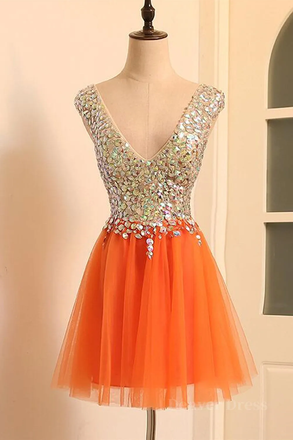 Gorgeous V Neck Open Back Orange Short Prom Homecoming Dresses Short Orange Formal Evening Dresses