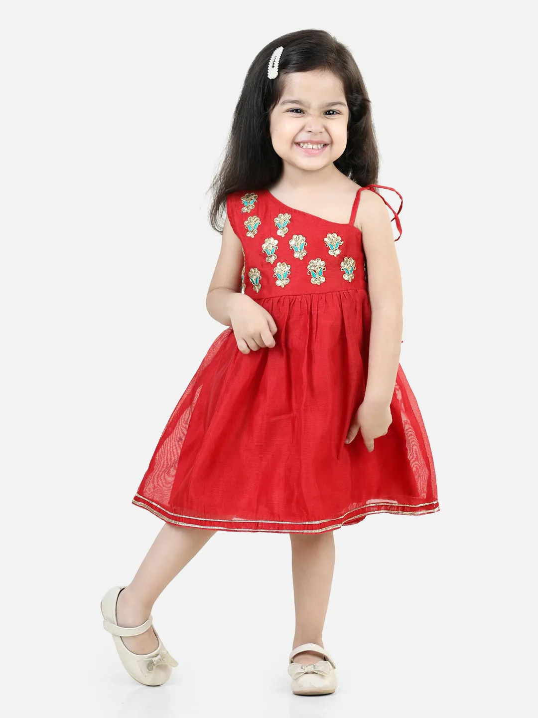 Gota Patti Embroidery Chanderi Party wear Frock and Dresses - Red