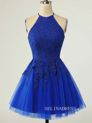 Halter Royal Blue Short Homecoming Dress with Appliques SEA014