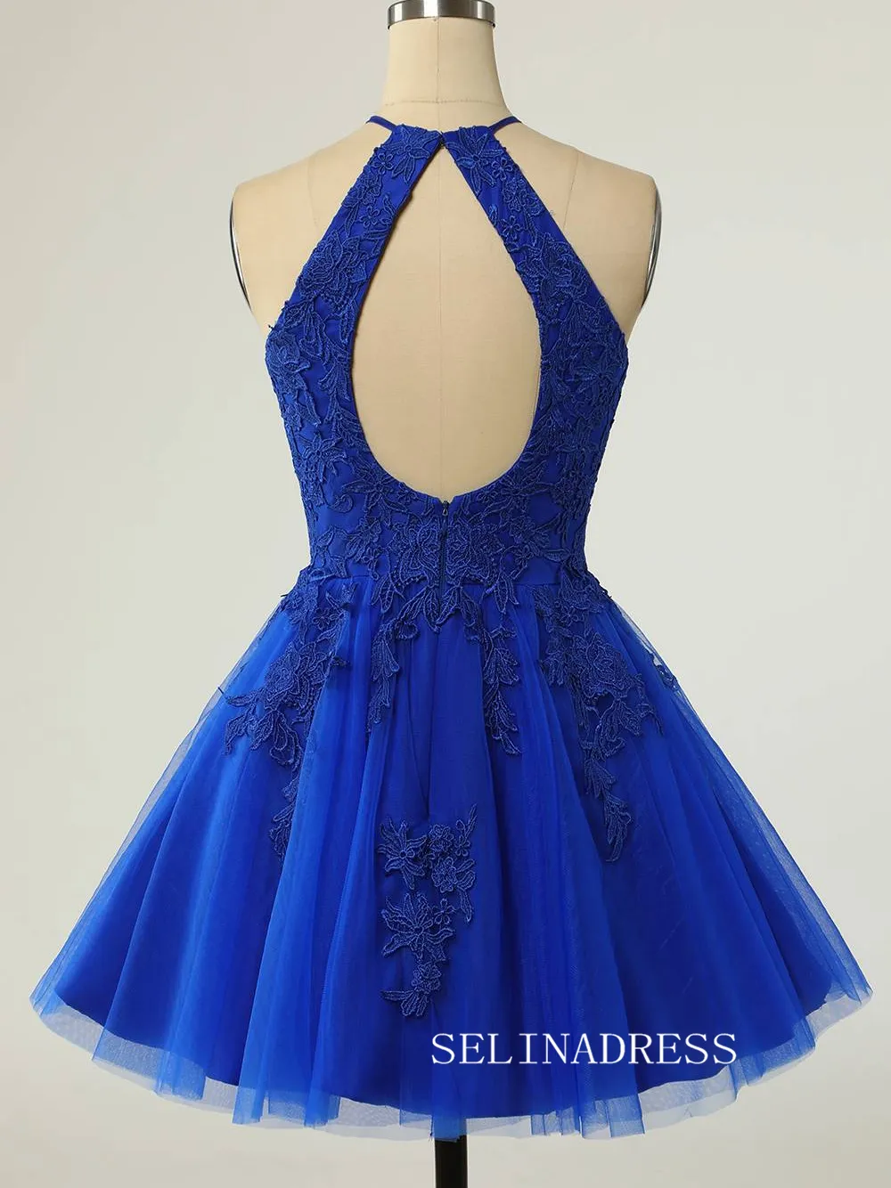 Halter Royal Blue Short Homecoming Dress with Appliques SEA014