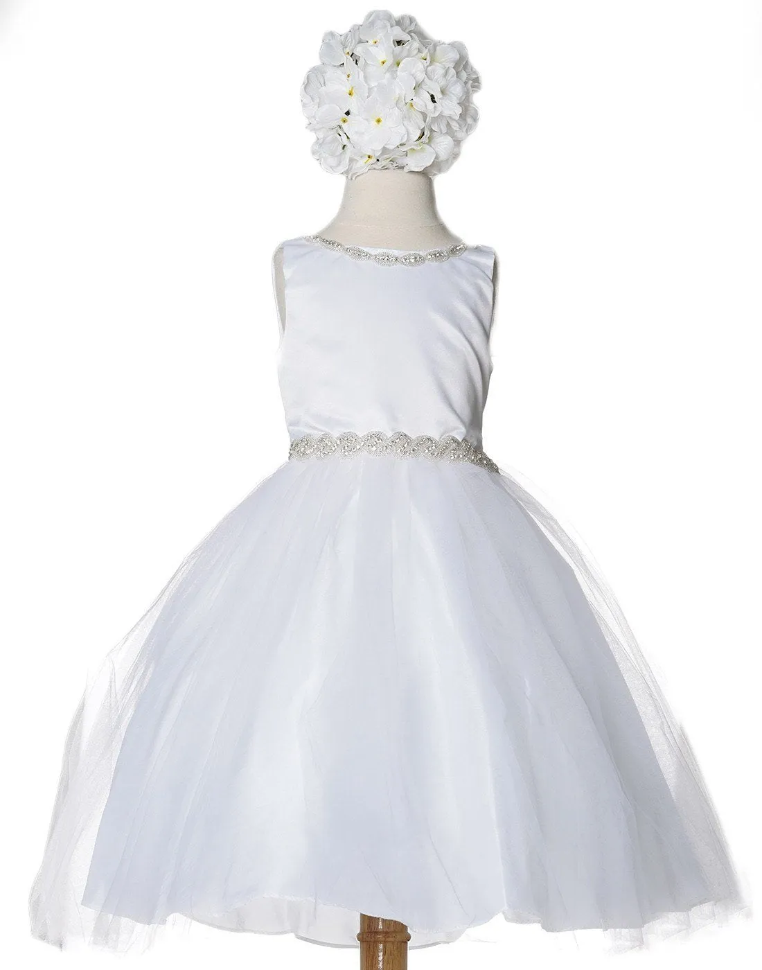 Impressive Satin & Tulle Dress with Rhinestone Gem Neckline & Belt - White