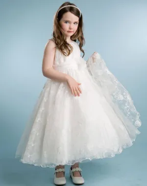 Ivory Floral Embroidered Organza Overlay Dress with Scallop Hemline - Ivory