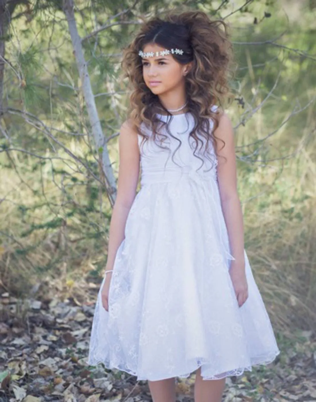 Ivory Floral Embroidered Organza Overlay Dress with Scallop Hemline - White