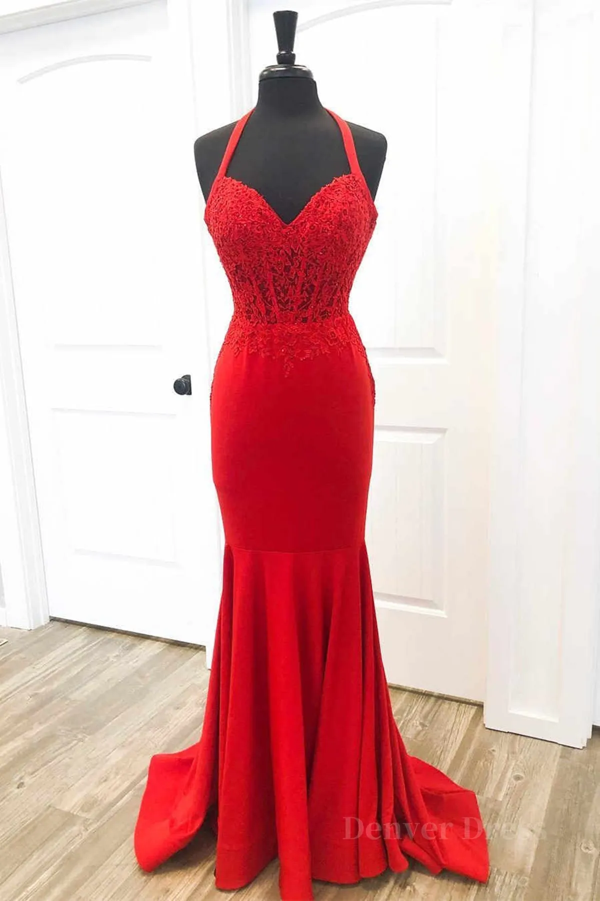 kamahe Halter Neck Mermaid Backless Red Lace Long Prom Dresses, Mermaid Red Formal Dresses, Red Lace Evening Dresses