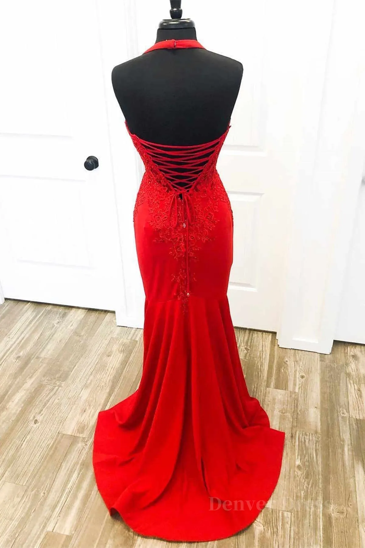 kamahe Halter Neck Mermaid Backless Red Lace Long Prom Dresses, Mermaid Red Formal Dresses, Red Lace Evening Dresses