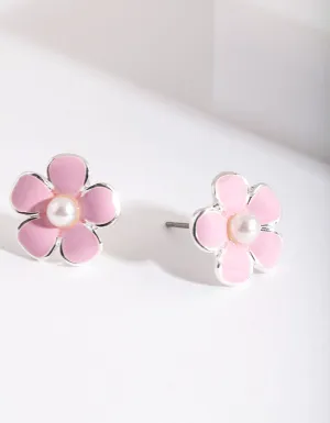 Kids Pink Silver Flower Stud Earrings