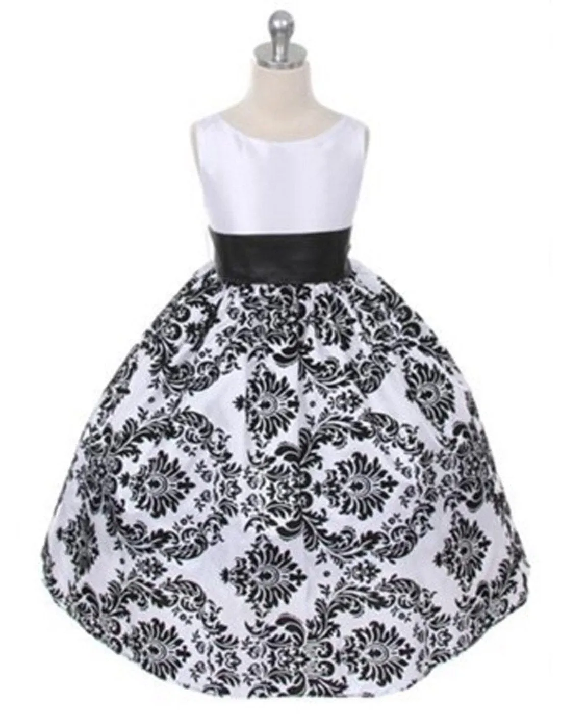 Lovely Dress with Black Velvet Flocked Damask On White Taffeta - Black