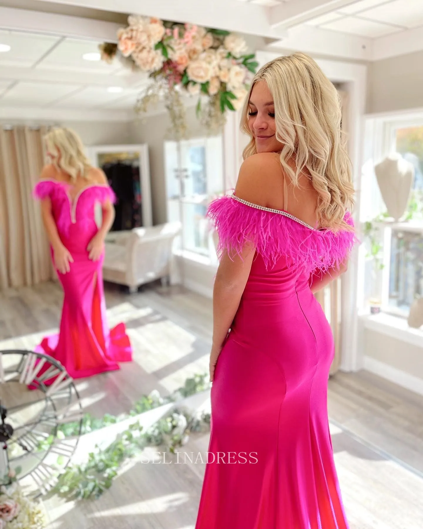 Mermaid Off-the-shoulder Fuchsia Long Prom Dress Satin Formal Dresses Evening Dress KPY011