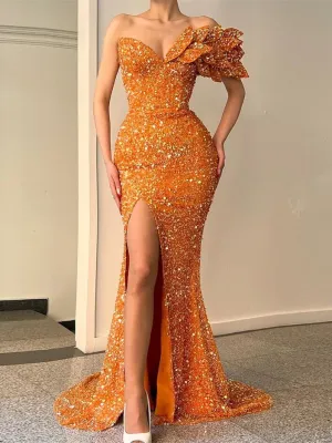 Mermaid One Shoulder Modest Prom Dress Orange Sequins Evening Gowns #POL039