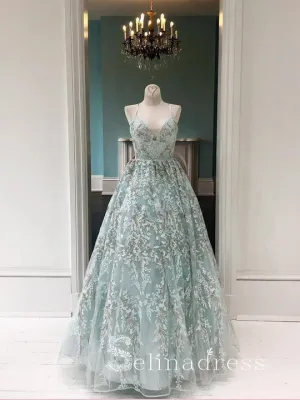 Mint Green Lace Spaghetti Straps Prom Dresses Beautiful Long Evening Dress Formal Gowns SED141