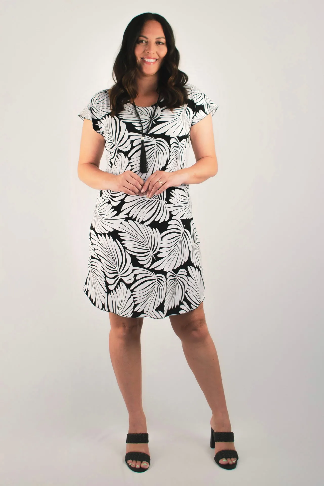 Monstera Print Short Sleeve Jersey Shift Dress