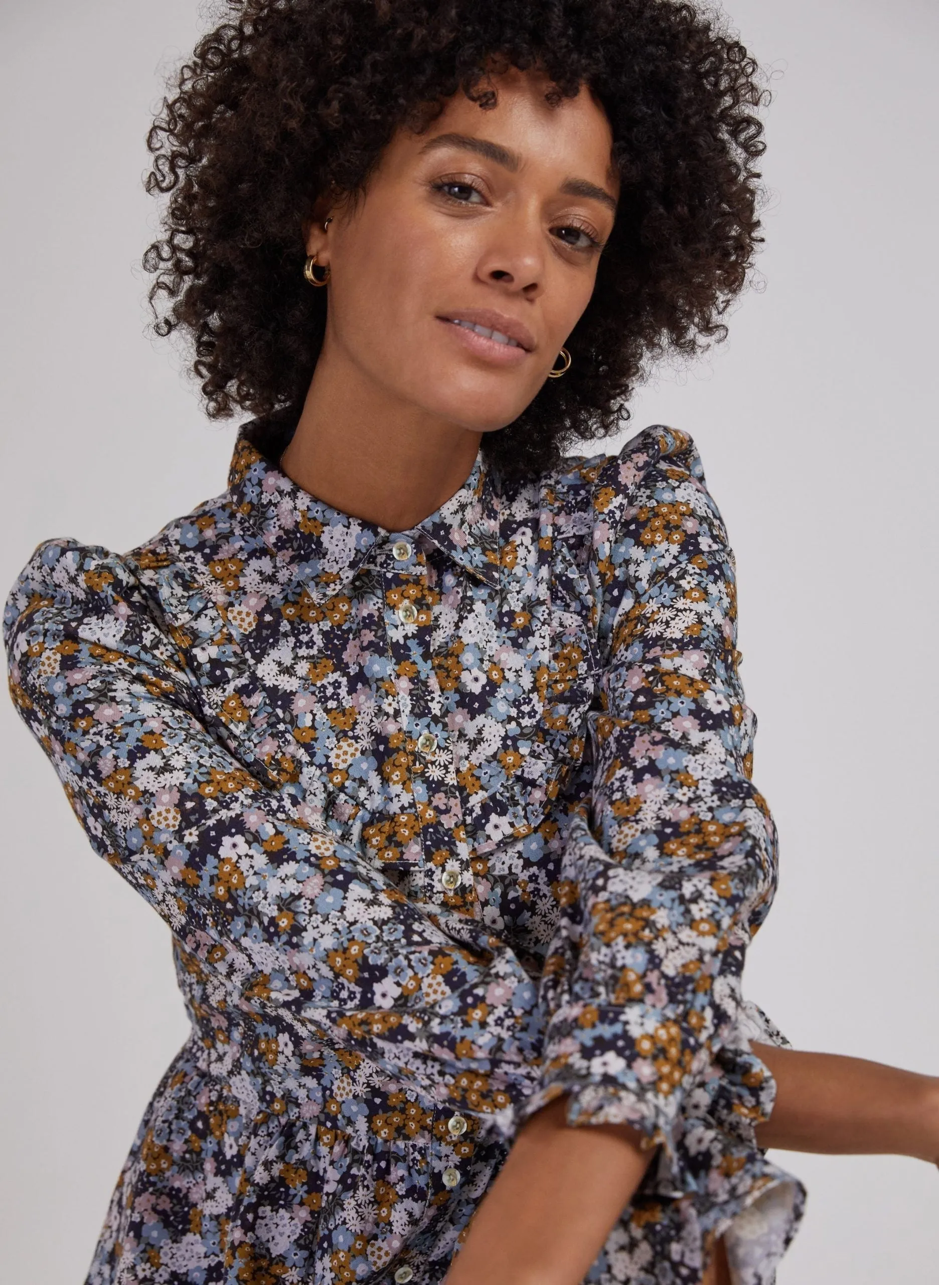 Navy Flower Print Midi Dress