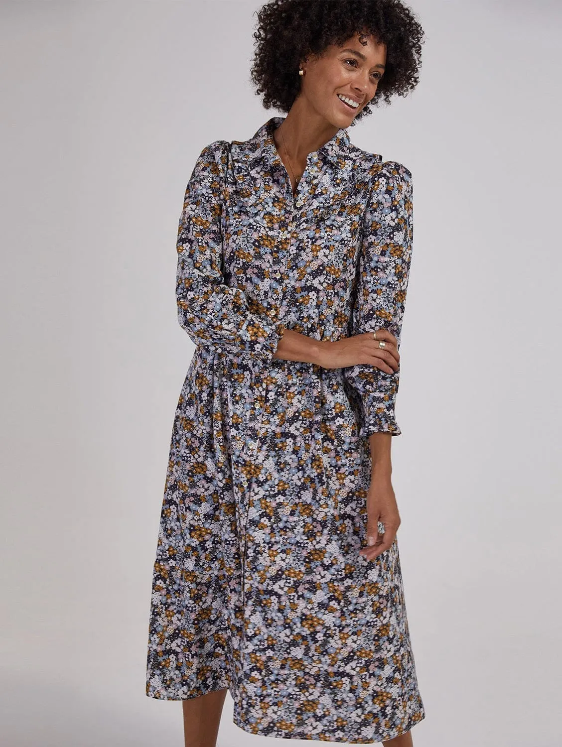 Navy Flower Print Midi Dress