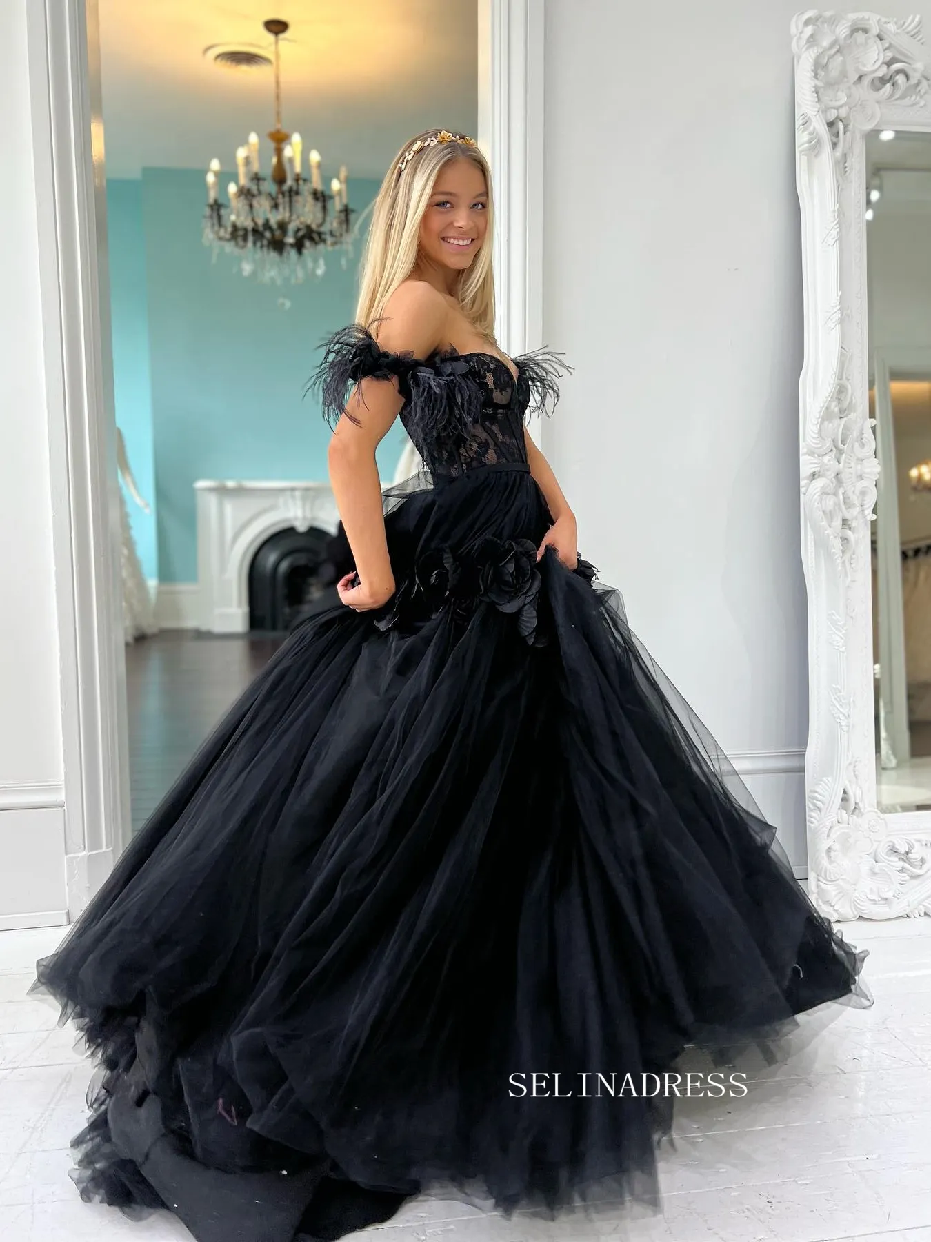 Off-the-shoulder Ball Gown Prom Dress Elegant Black Pagaent Dress Princess Dress #JKP008