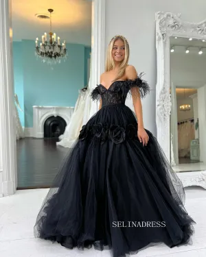 Off-the-shoulder Ball Gown Prom Dress Elegant Black Pagaent Dress Princess Dress #JKP008