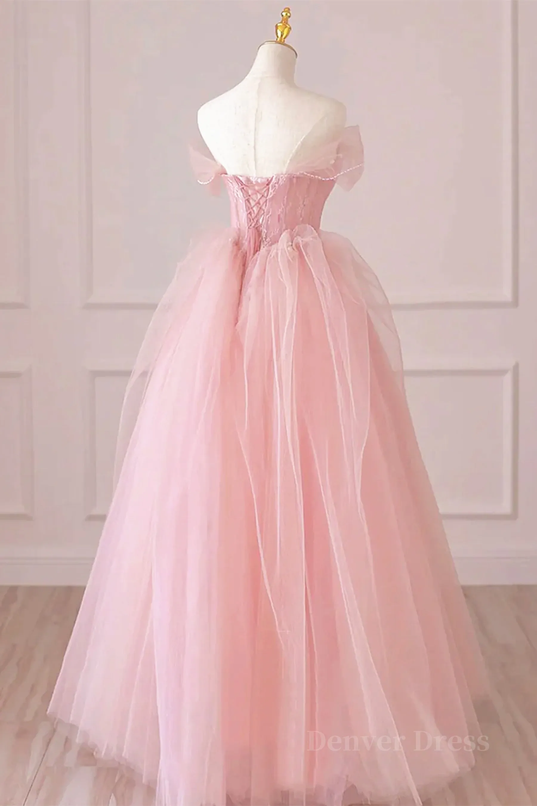 Off the Shoulder Pink Tulle Prom Dresses Pink Tulle Long Formal Graduation Dresses