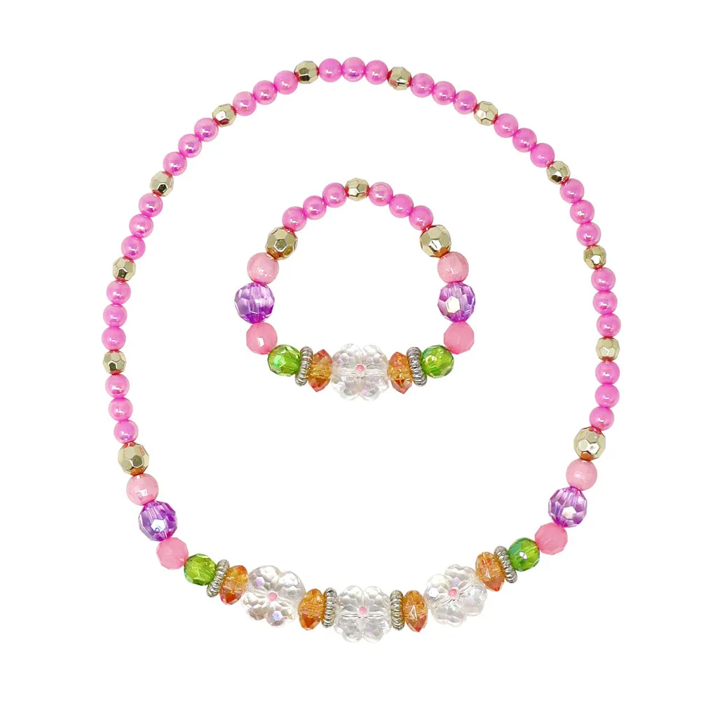 Pink Poppy Pixie Fantasy Flower Stretch Beaded Necklace & Bracelet Set