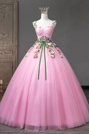 Pink Tulle Flower Long Prom Dresses, Cute Spaghetti Sweet 16 Dresses