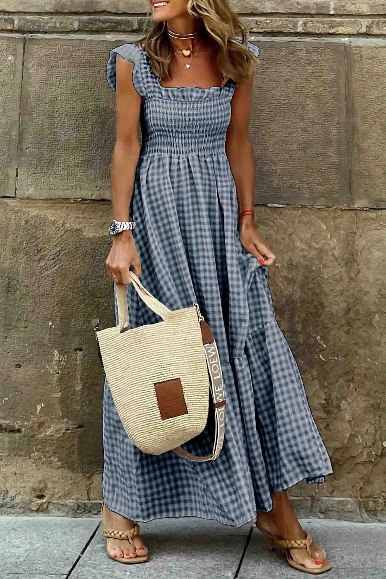 Plaid Ruffled Sleeveless Shirred Midi Dress