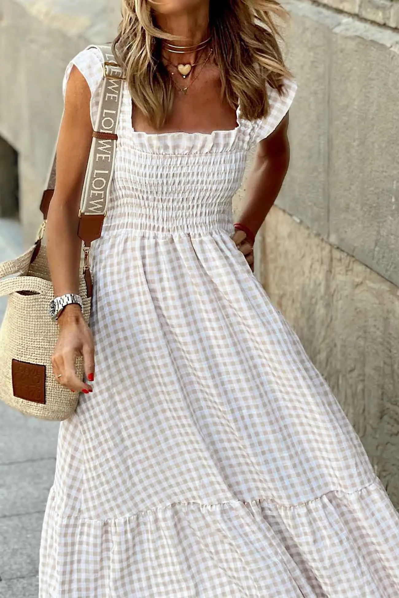 Plaid Ruffled Sleeveless Shirred Midi Dress