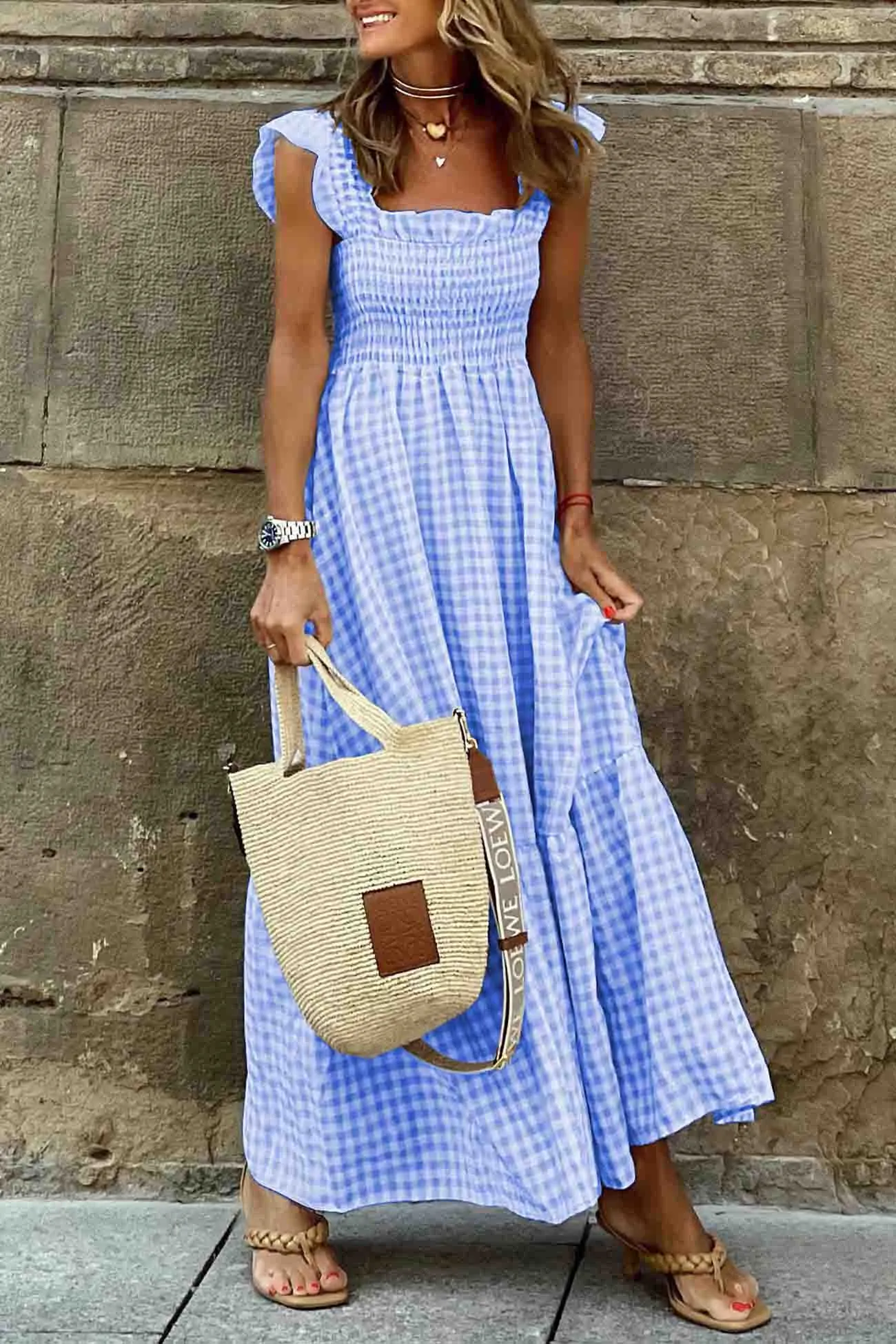 Plaid Ruffled Sleeveless Shirred Midi Dress