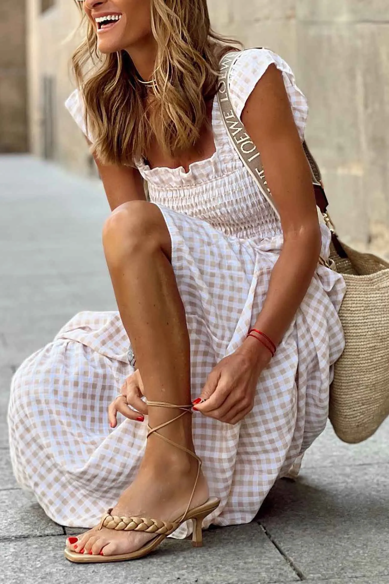 Plaid Ruffled Sleeveless Shirred Midi Dress