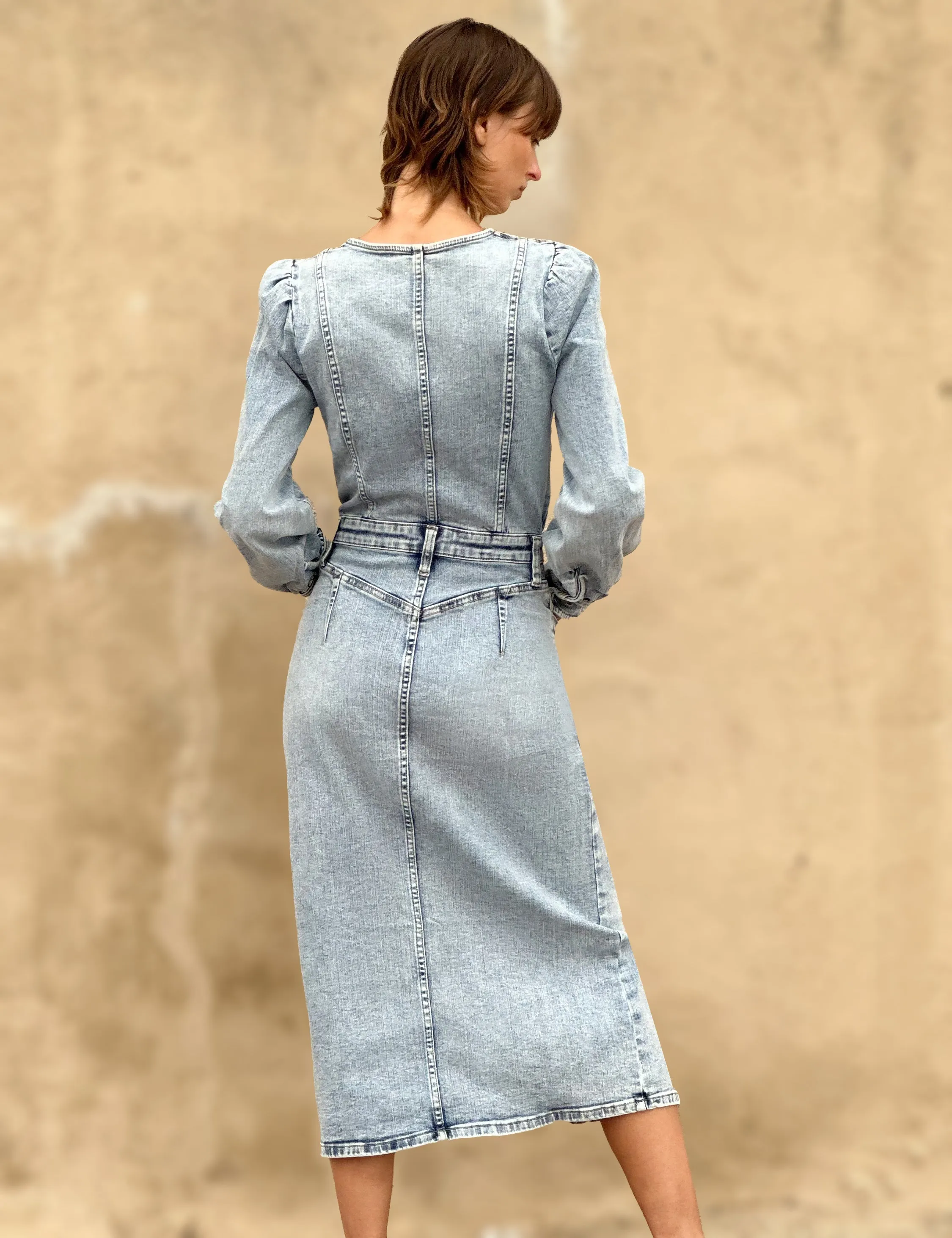 Puff Corset Denim Midi Dress