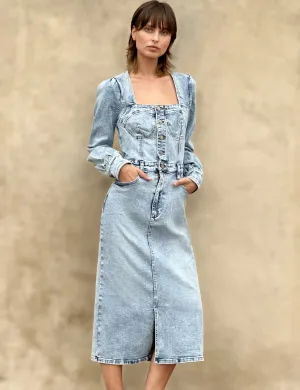 Puff Corset Denim Midi Dress