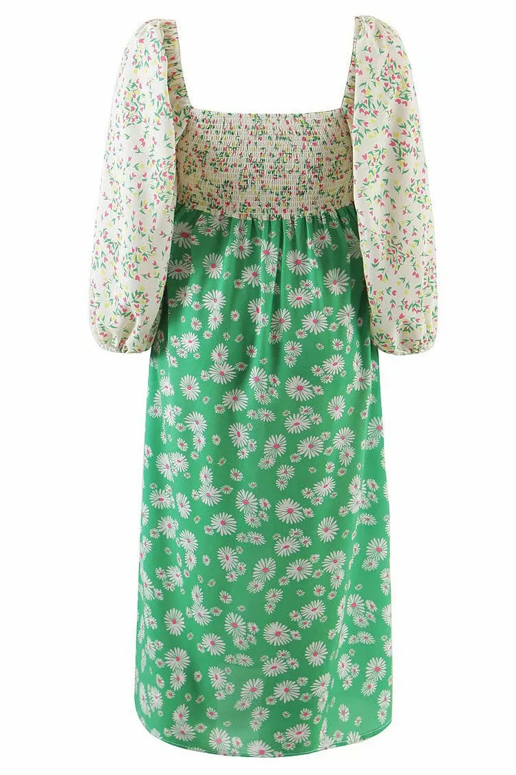 Puff Sleeve Ditsy Floral Patchwork Printed Midi Dress - Green